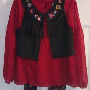 Girls Boho 3 Piece Outfit Fringed Vest, Top, Leggings 6x